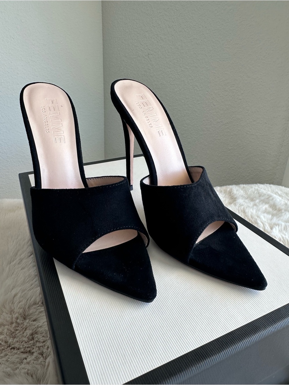 Femme La Gianni Mule Black suede leather NEW size 36 US 6